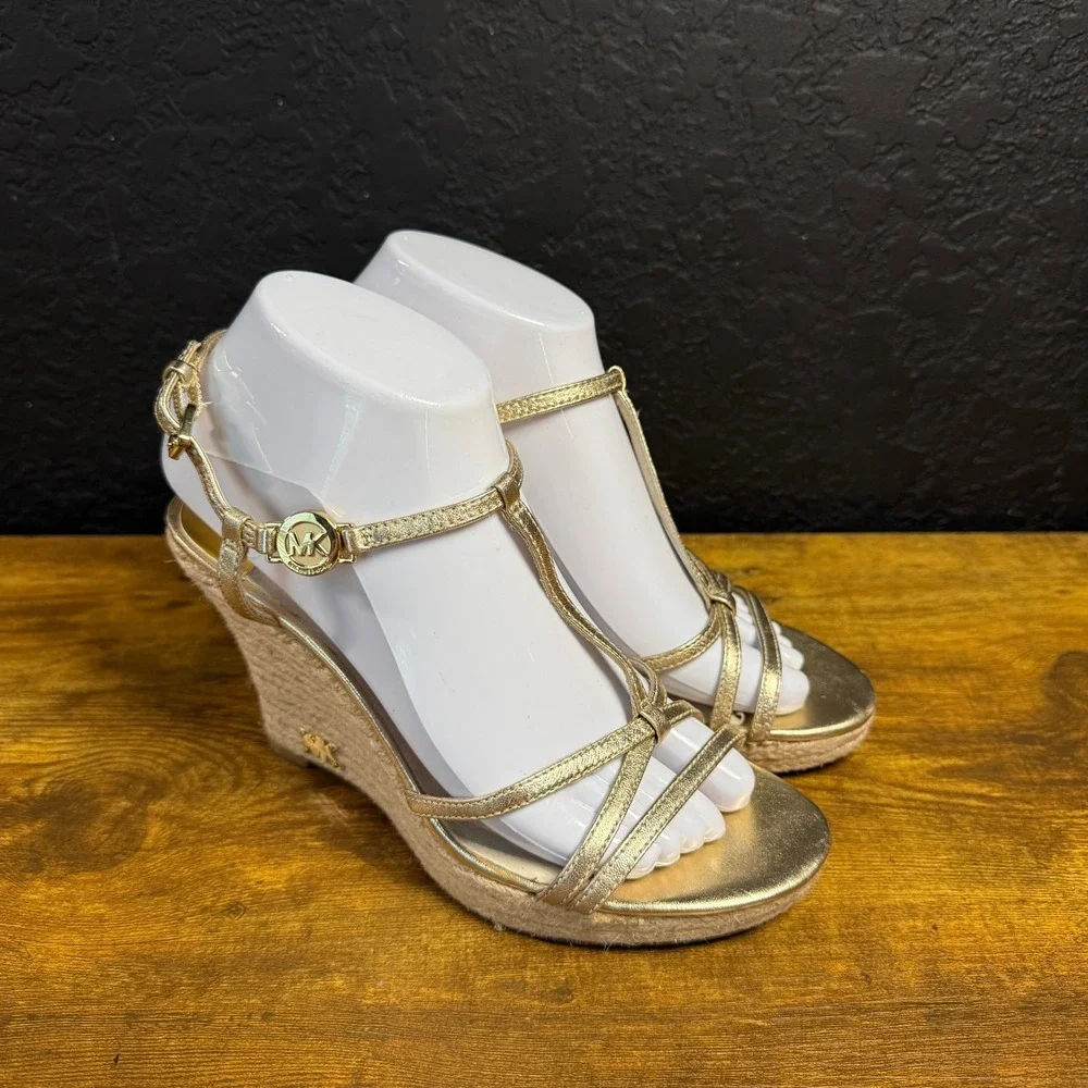Michael Kors Damita Gold Leather Espadrille Wedge Sandals Womens 8.5M